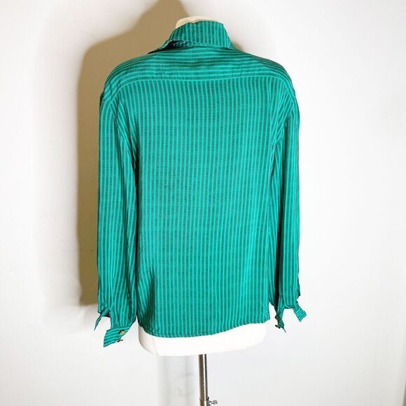 Vintage 80s Size M/L Silk Blouse Green Striped Popover Tunic Francesca of Damon - Picture 9 of 16